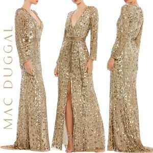 MAC DUGGAL Women’s Embellished Front Slit Long Sleeves Gown in the Size 16